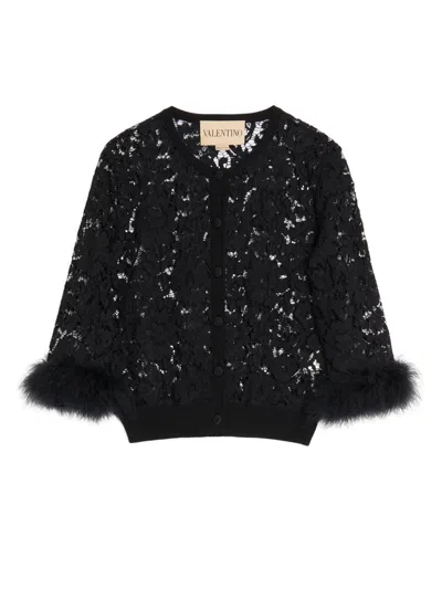 Valentino Feather-trimmed Cotton Corded Lace Cardigan In Multi
