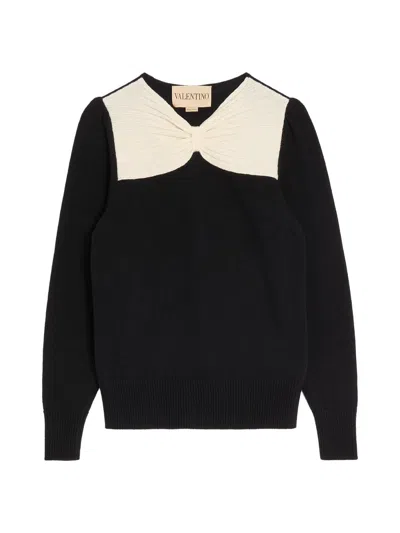 Valentino Bow-detailed Two-tone Wool Sweater In Black