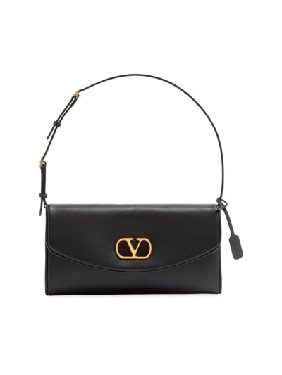 Valentino Devain Leather Shoulder Bag With Metal Vlogo Signature In Black