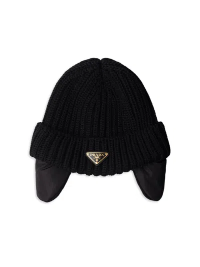 Prada Triangle-logo Knitted Beanie Hat In Black