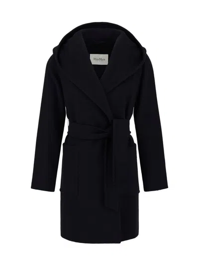 Max Mara Rialto Hooded Wrap Coat In Blue In Black