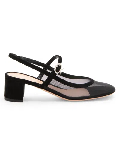 Gianvito Rossi Piper Suede-trimmed Mesh Slingback Pumps In Black