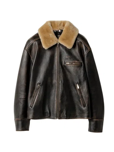 Miu Miu Lamb Shearling Collar Leather Jacket In Black