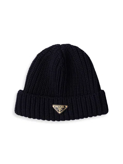 Prada Wool Logo Beanie In Blue