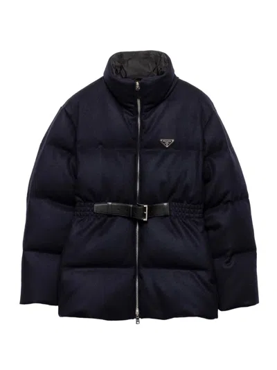 Prada Womens Blue Loden Belted Shell-down Puffer Jacket In Blue