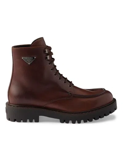 Prada Men's Laced Leather Booties In Brown