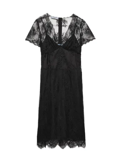 Prada Scalloped Lace Midi Dress In Black