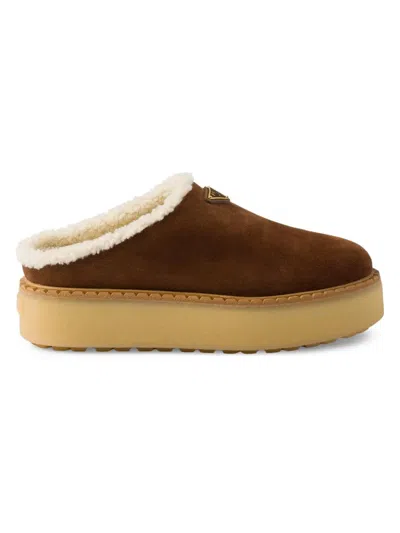 Prada Brown Suede Mules With Shearling Trim And Plush Lining In Blue