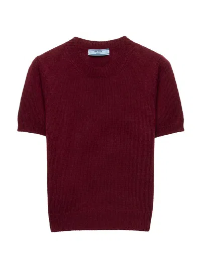 Prada Short Sleeve Cashmere Sweater In Burgundy
