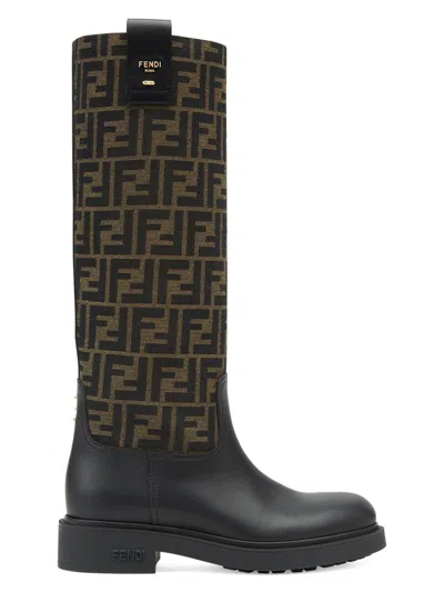 Fendi Women Black Boots With All-over Ff Motif And Side Lettering Logo In Leather And Fabric Woman In Multi