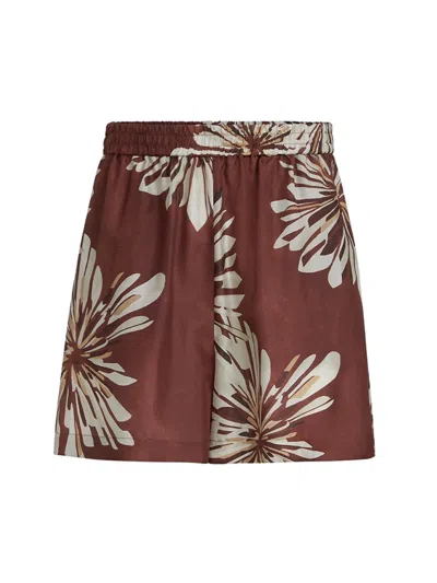 Brunello Cucinelli Women Silk Twill Shorts With Floral Print And Elasticated Waistband In Brown