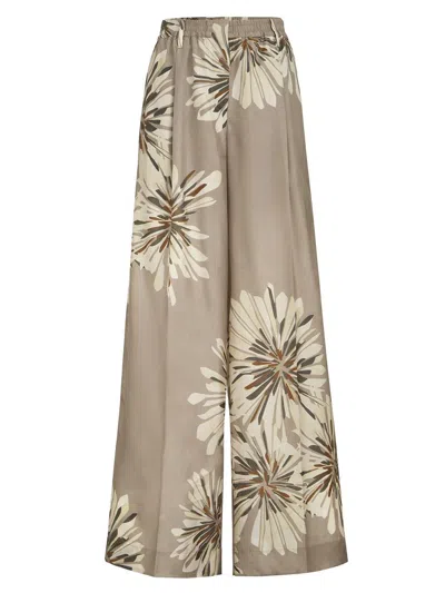Brunello Cucinelli Elegant Silk Trousers With Stamped Floral Design In Brown