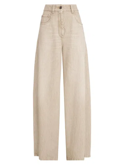 Brunello Cucinelli Women Beige Authentic Denim Wide Jeans With Monili In Neutral