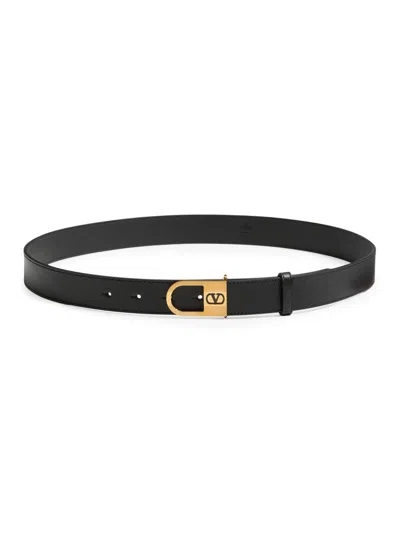 Valentino Garavani Vlogo Signature Belt In Shiny Calfskin 30 Mm With Enamelled Logo Detail Woman Bla In Neutral