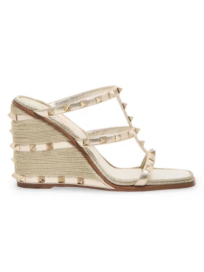 Valentino Garavani Rockstud Wedge Sandal In Laminated Nappa With Cornely Embroidery 100mm Woman Plat In Platinum