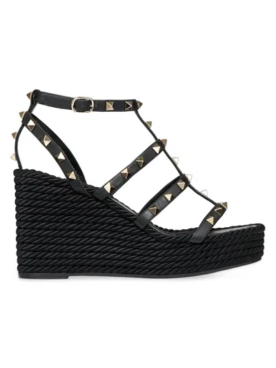 Valentino Garavani Rockstud Ankle Strap Wedge Sandal In Calfskin Leather 95 Mm Woman Black 41 In Black