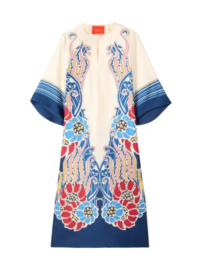 La Doublej The Kaftan Multicolor Silk Kaftan With V Neck And All-over Floral Print Woman In White