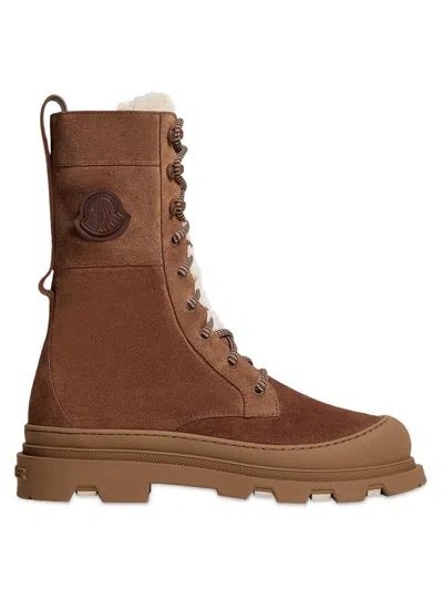 Moncler Vera High Shearling-trimmed Suede Mid-calf Boots In Brown