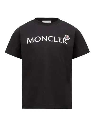 Moncler Cotton Jersey T-shirt With Logo Print Kids In Blue