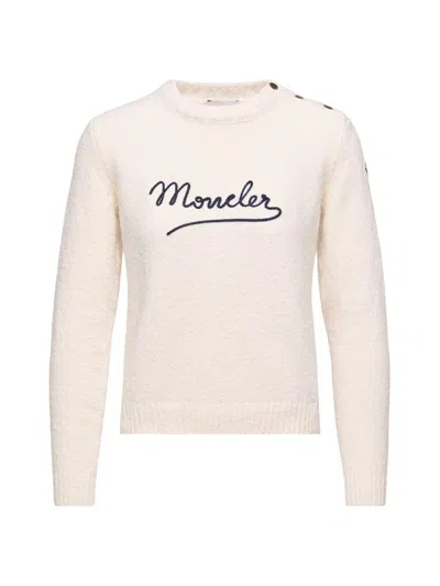 Moncler Embroidered Logo Crop Crewneck Sweater In Neutral