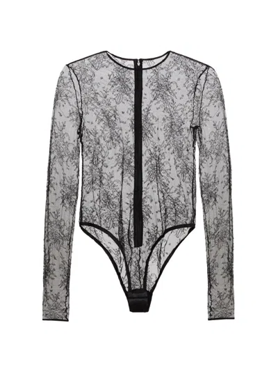 Dolce & Gabbana Women Black Bodysuit With All-over Floral Embroidery And Semi-sheer Design In Stretc In Gray