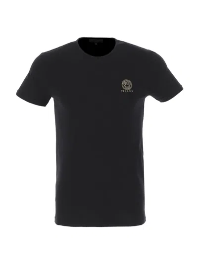 Versace Black Crewneck T-shirt With Medusa Logo Print In Stretch Cotton Man In Black
