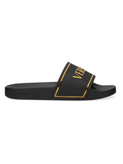 Versace Black Sandals With Logo Printed On The Front In Multi