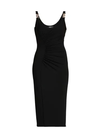 Versace Neutrals Ruched Scoop Neck Viscose Midi Dress In Black