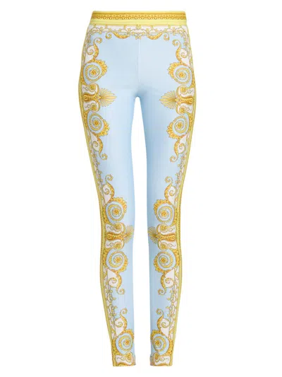 Versace Blue Leggings With All-over Geometric Print In Stretch Fabric Woman In Multi
