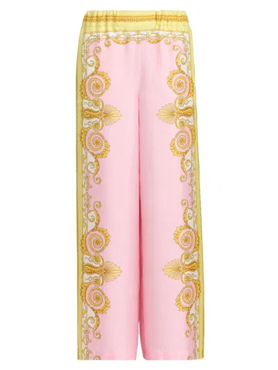 Versace Multicolor Trousers With Elastic Waist And All-over Geometric Print In Silk Woman