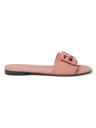 Fendi Baguette Ff Leather Buckle Flat Slide Sandals In Pink