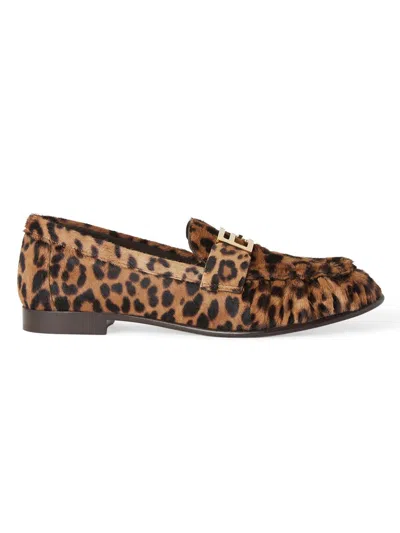 Fendi Women Brown Loafers With Ff Plaque And Leopard Motif In Brushed Leather Woman In Brown