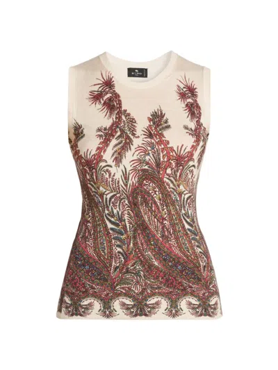 Etro , Silk And Cashmere Top With Placed Print, Woman, Multicolour, Size 50 In Brown