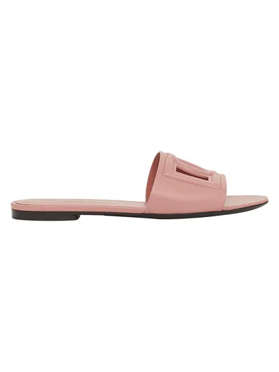 Dolce & Gabbana Women Pink Slide Sandals With Cut Out Logo In Leather Woman