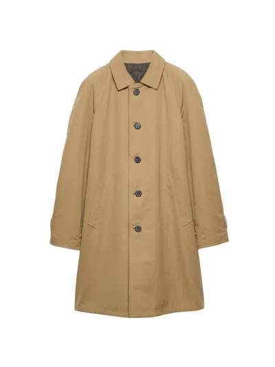 Prada Button Triangle Logo Cotton Coat In Brown