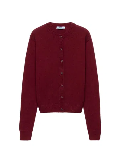 Prada Womens Burgundy Triangle-logo Cashmere Knitted Cardigan In Red