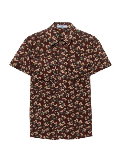 Prada Floral-pattern Patch-pocket Shirt In Brown