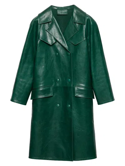 Prada Double-breasted Leather Coat In Green