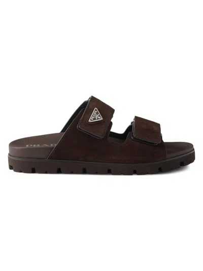 Prada Double Strap Open Toe Leather Sandals In Brown