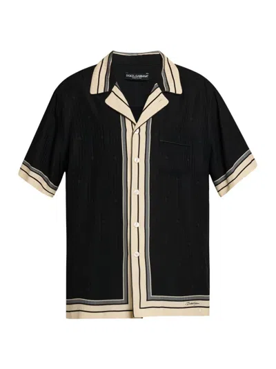 Dolce & Gabbana Men Hawaii Shirt With Logo And Striped Print In Black