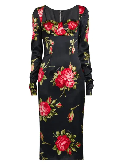 Dolce & Gabbana Rose-print Satin Long-sleeve Midi Dress In Black