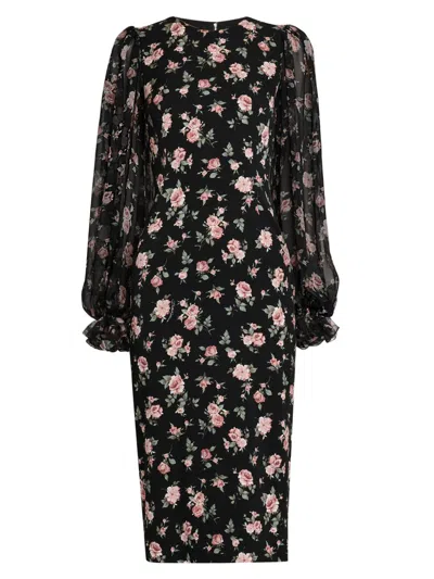 Dolce & Gabbana Women Black Dress With Round Neckline And All-over Floral Motif In Silk Blend Woman In Black