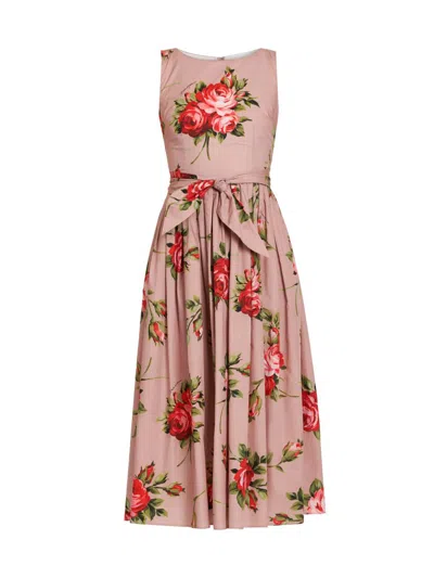 Dolce & Gabbana Abito Midi In Cotone Rosa Con Stampa Fiori Dolce E Gabbana In Pink