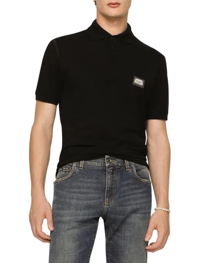 Dolce & Gabbana Piquet Polo Shirt With Logo Plate In Black
