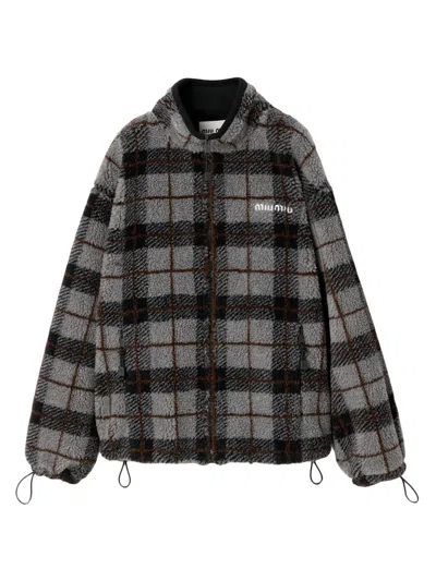 Miu Miu Checked-pattern Teddy-fleece Jacket In Gray
