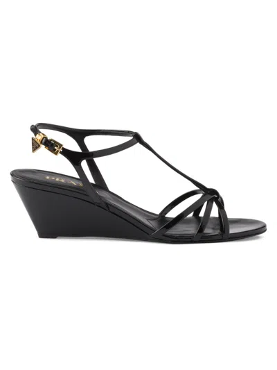 Prada Leather Sandals Wedge Heel Open Toe In Black