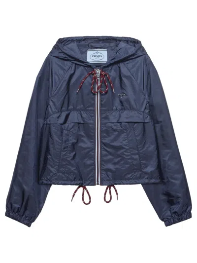 Prada Cropped Re-nylon Hooded Zip Jacket In Blue