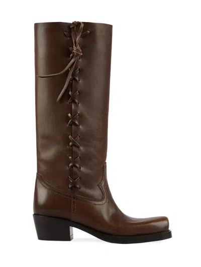 Paris Texas Roxanne Leather Knee High Block Heel Boots In Brown