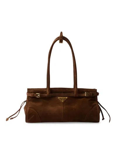 Prada Suede Shoulder Handbag With Adjustable Strap In Brown