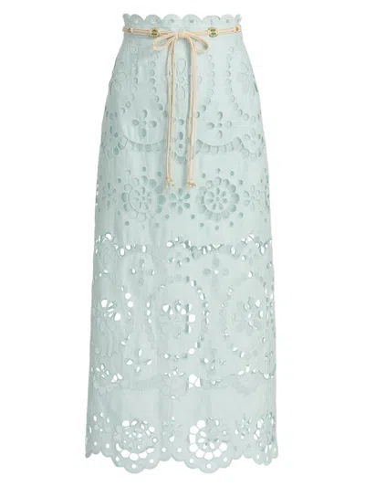Zimmermann Awaken Belted Broderie Anglaise Linen Midi Skirt In Green